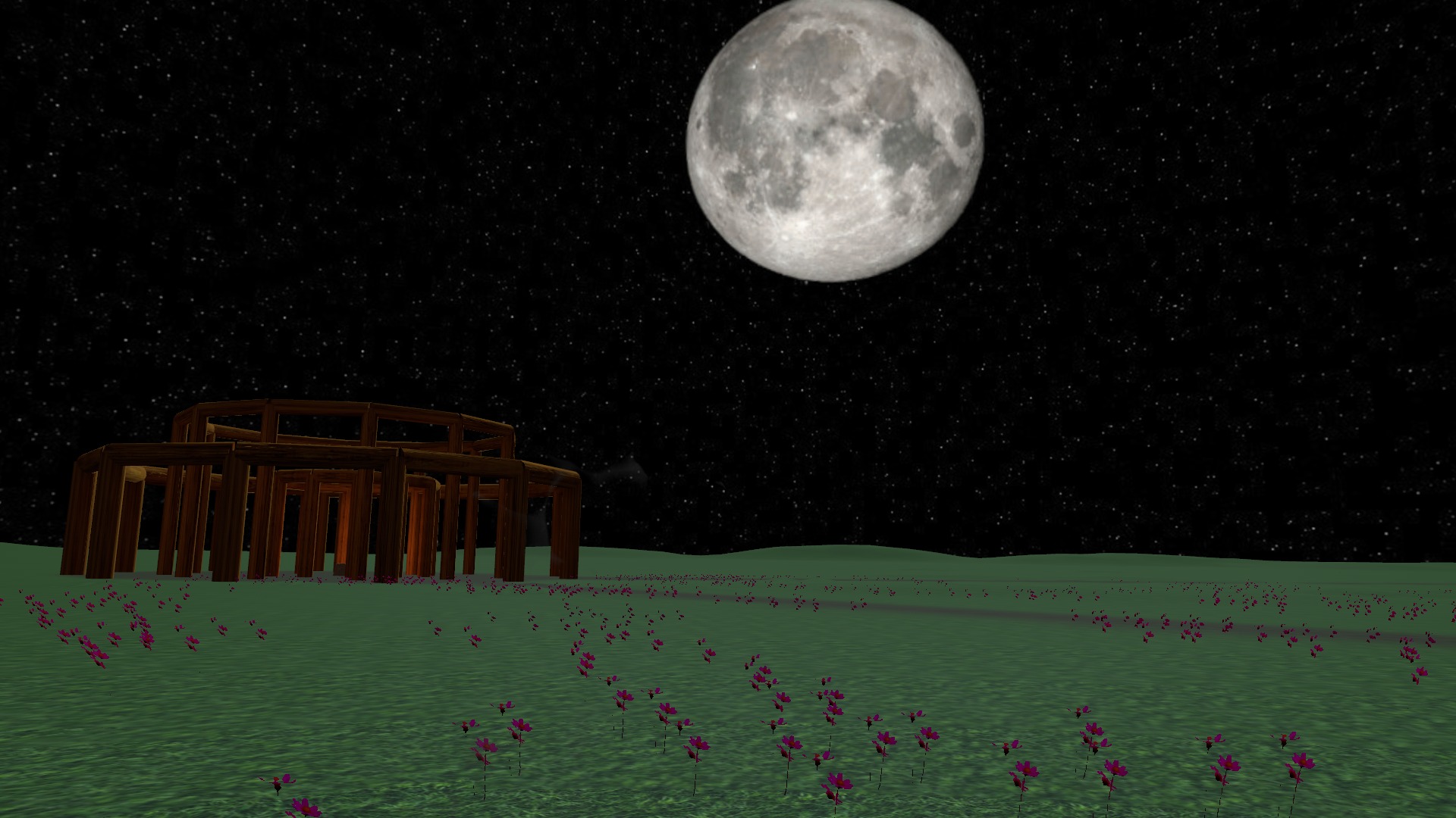 A blood moon rises over the wooden henge with a small cabin nearby